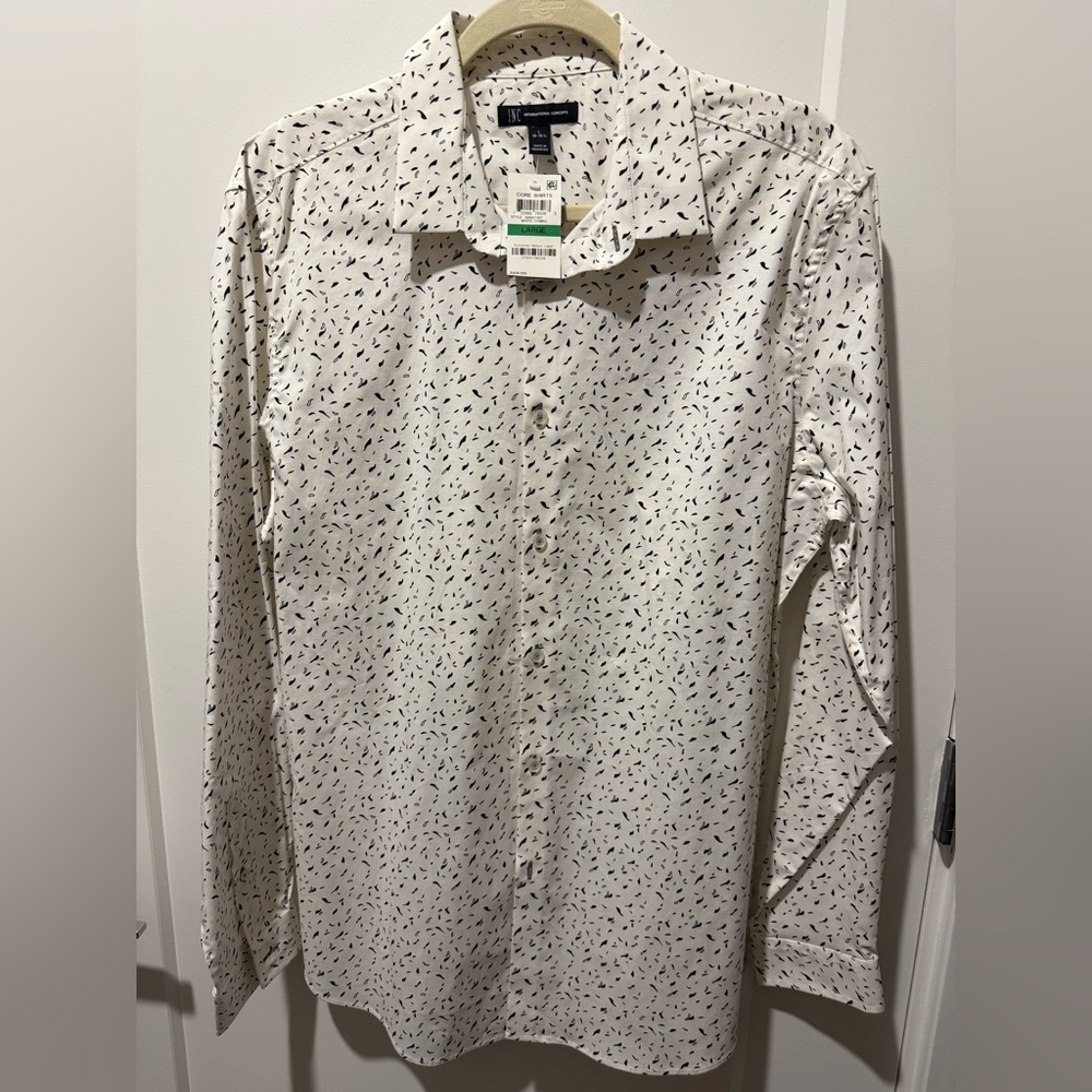 INC Men's Long-Sleeve Button-Up Shirt - White with Black Micro Print. Size L